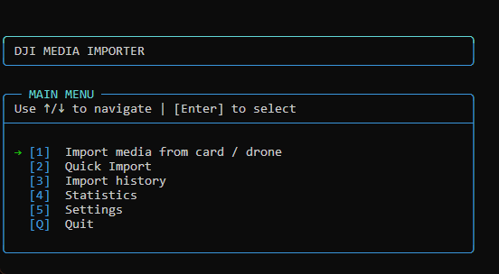 DjiMediaImporter main menu with keyboard-driven navigation