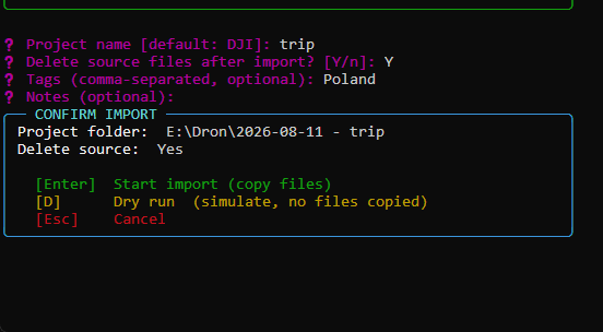 DjiMediaImporter import confirmation screen with project name, tags and dry-run option