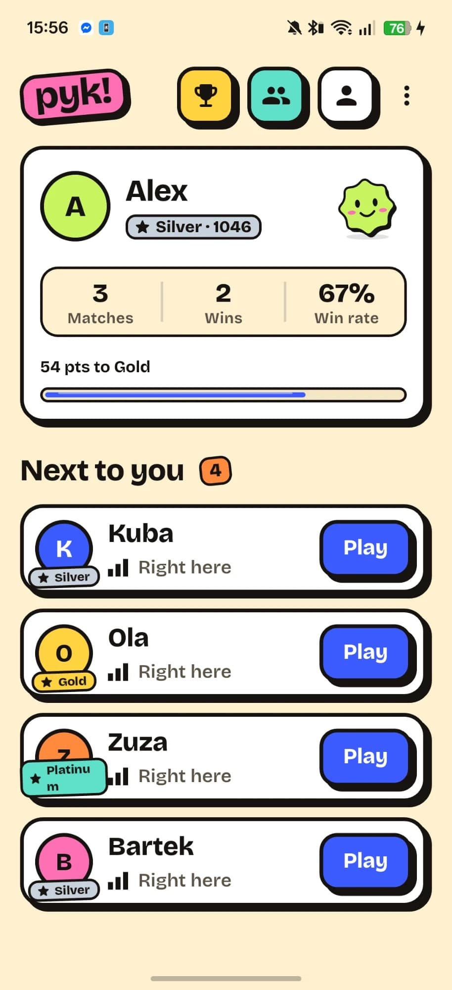 Pyk home screen with the player's rank card and four friends detected nearby