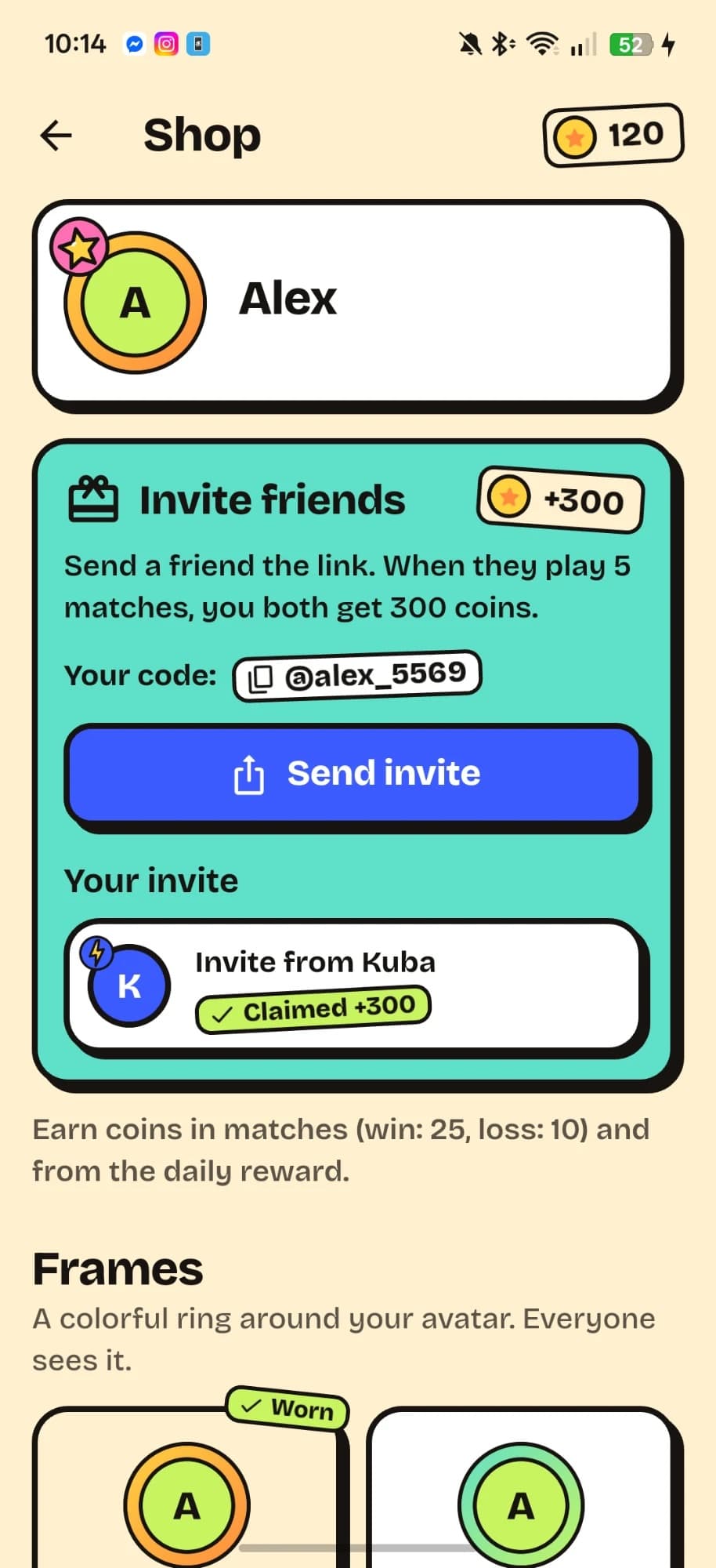 Pyk shop with a friend invite reward and cosmetic avatar frames