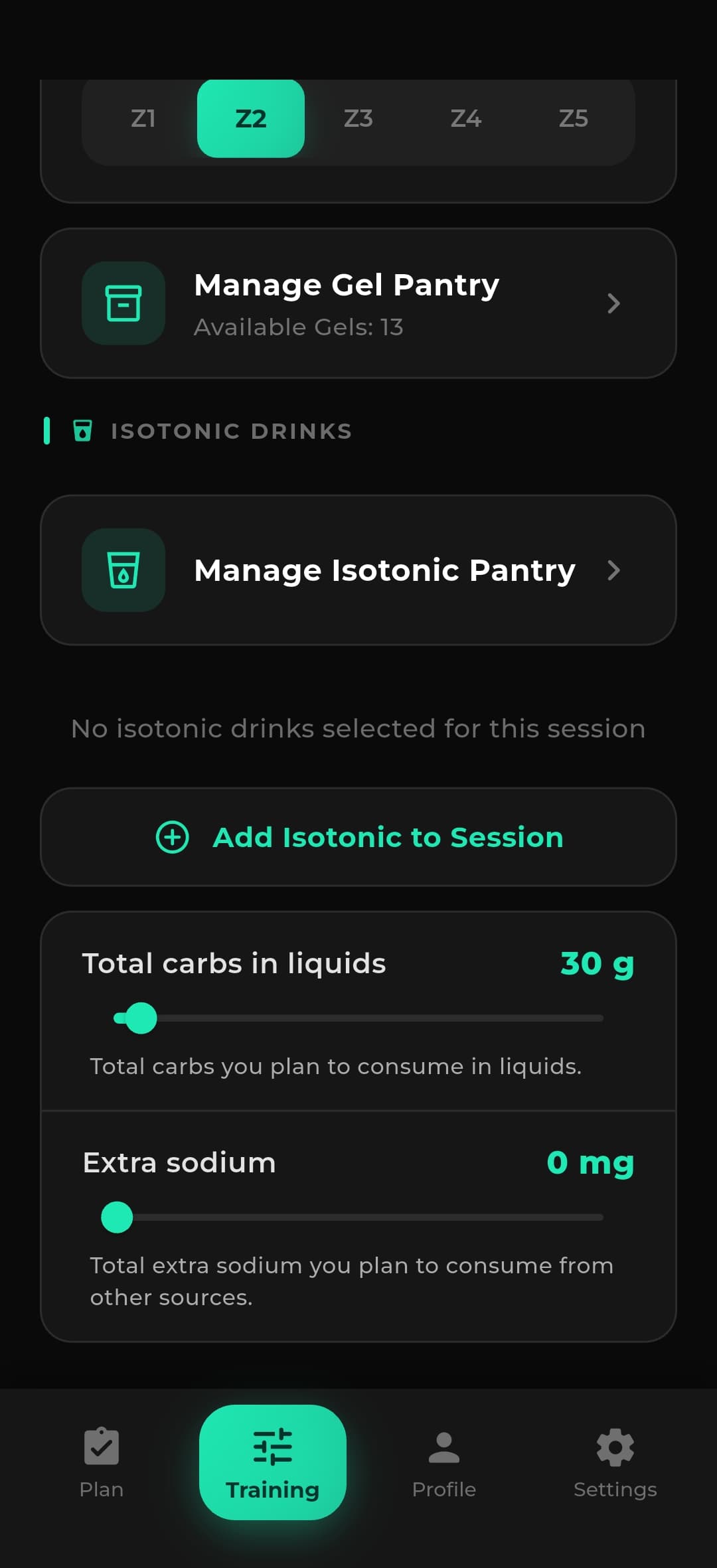 RaceFuel gel and isotonic pantry management screen